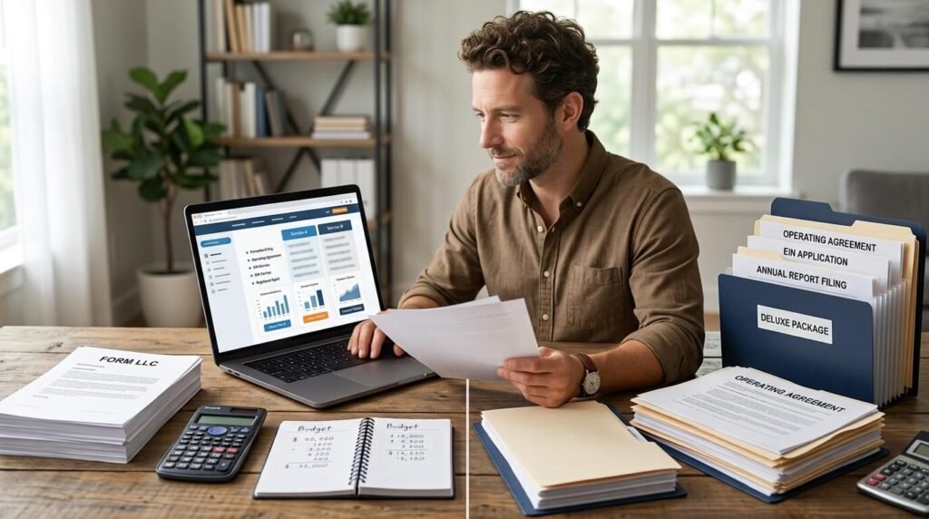 Business owner comparing LLC formation service costs